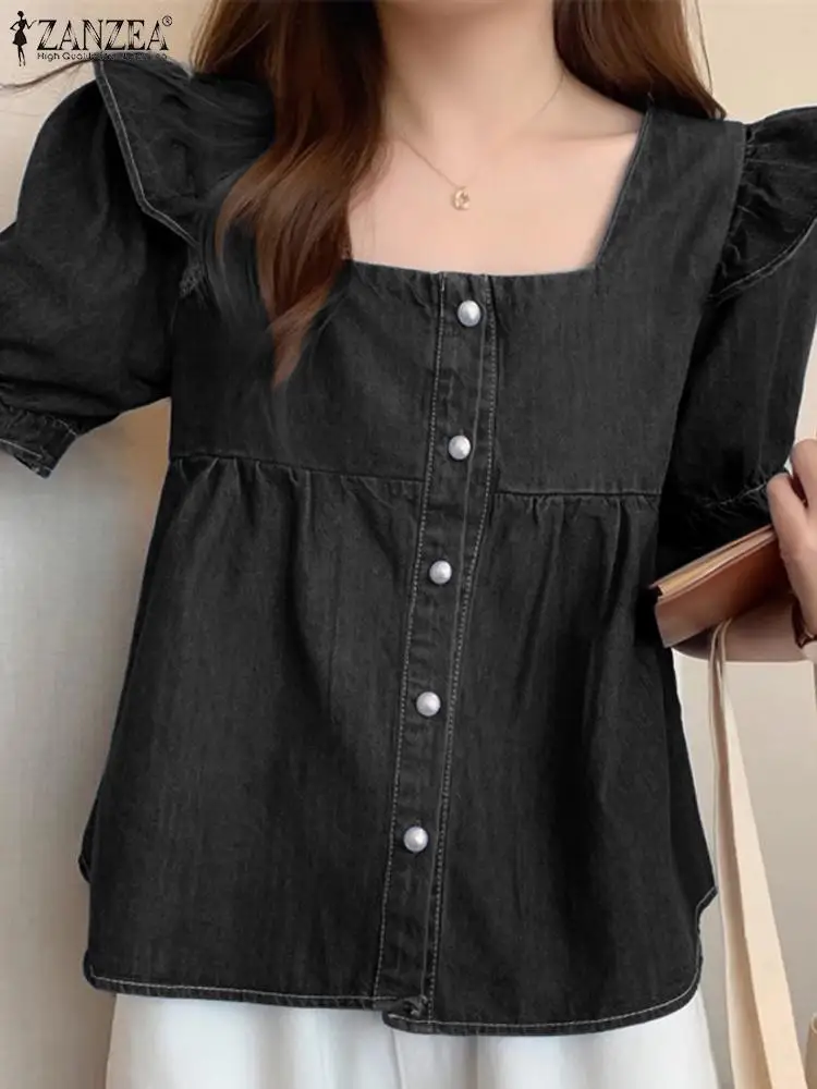 Блузка ZANZEA женская джинсовая с короткими рукавами винтажная укороченная