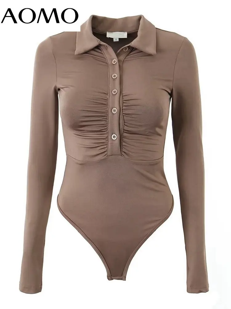 

Женское однотонное Плиссированное пикантное боди AOMO для женщин, боди, рубашка, женский комбинезон DZ82A