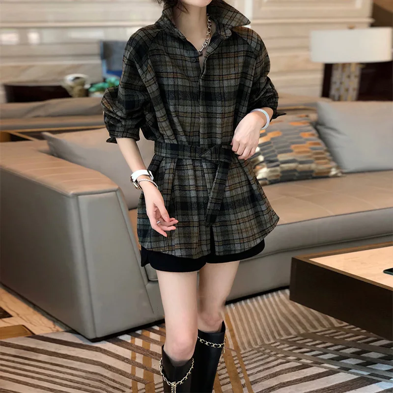 

2022 New Frosted Plaid Thickened Shirt Women's Design Top Long Sleeve Coat Autumn and Winter Style Casaco Feminino кимоно nylon