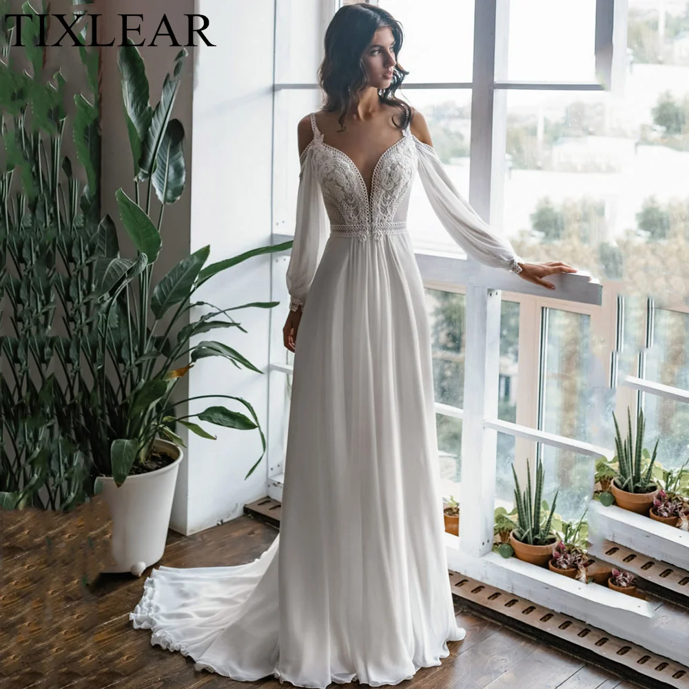 

Doymeny A-Line Wedding Dresses with V-Neck Chiffon and Lace Spaghrtti Straps Long Sleeves Court Classic 2023 Robe De Mariage