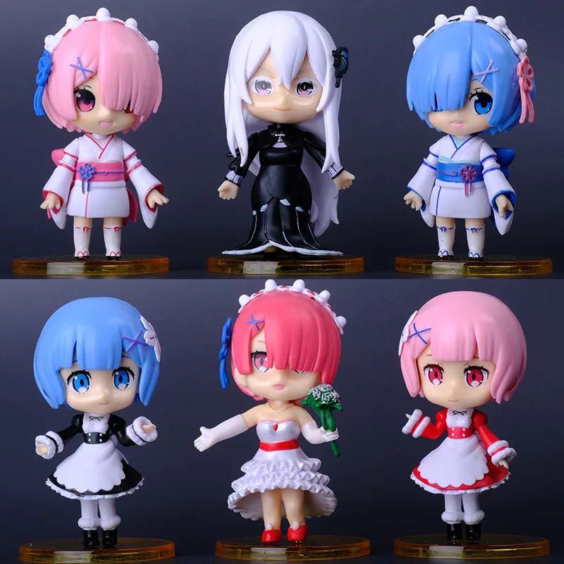 6 pieces Anime Re:Life In A Different World From Zero Figure Rem Ram Kawaii Doll Q Version Models Toys 10cm