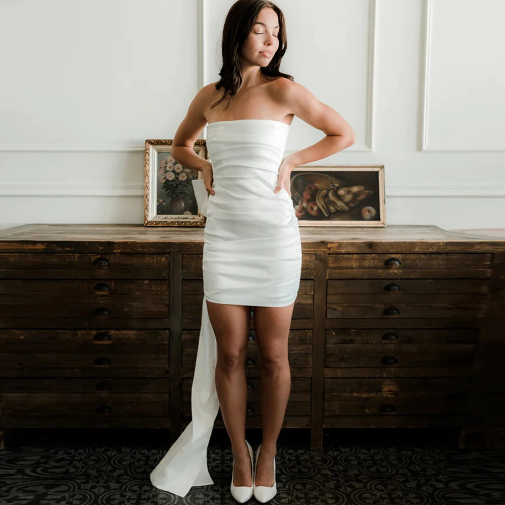 

Ivory 2022 Evening Dresses Strapless Satin Party Dresses Simple Bow Back Elegant For Women Robes De Soirée Sexy Mini Straight