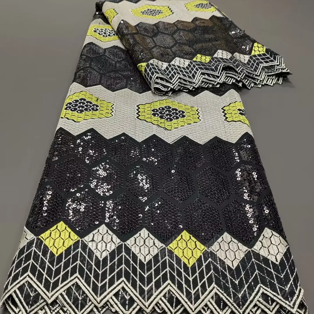 

5 Yard Swiss Voile Lace Fabric Latest Heavy Beaded With Sequins Embroidery African 100% Cotton Popular Dubai Style For Material