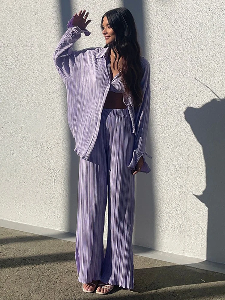 Causal Loose Home Suit Autumn Long Sleeve Blouse Pants Set Women Pajamas Set Elegant Pleated Beige 2 Piece Pant Sets Outfits