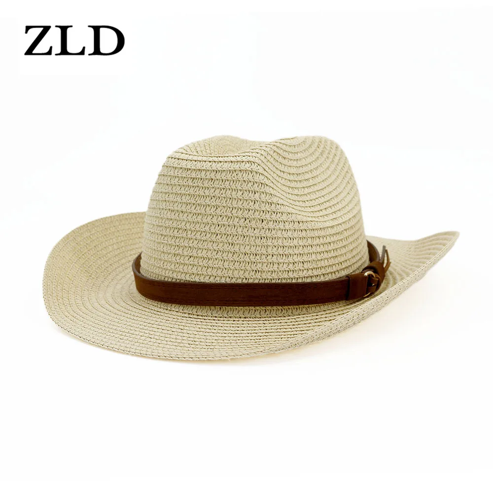 

Панама ZLD в ковбойском стиле, соломенная пляжная шляпа, модная дорожная кепка с защитой от уф-лучей, однотонная западная шляпа от солнца