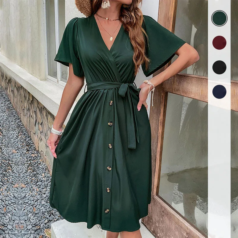 

2022 Summer Women Sexy Party Solid V Neck Short Sleeve Buttons Dresses Ladies Elegant Belt Vestidos Female Vintage Clothing