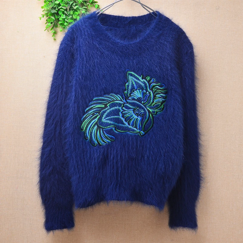 

Ladies Women Fall Winter Clothing Blue Embroidery Mink Cashmere Knitted Short Style Crop Top Loose Pullover Jumper Sweater Pull