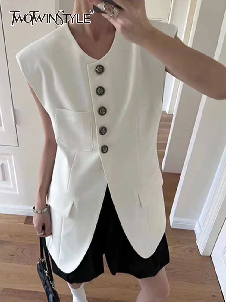 

TWOTWINSTYLE Solid Spliced Pocket Casual Waistcoat For Women Round Neck Sleeveless Patchwork Button Chic Waistcoats Female New