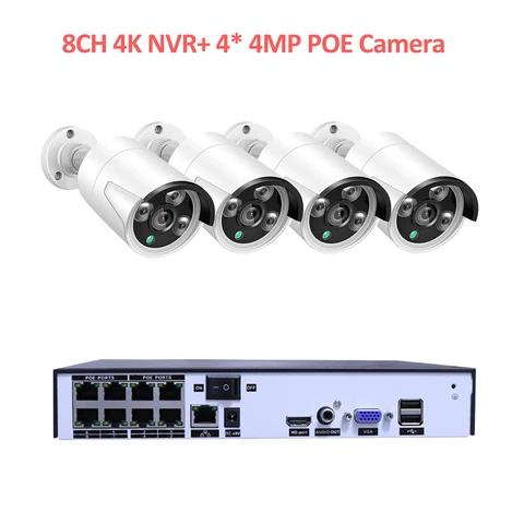 Система видеонаблюдения H.265 + 8 каналов, NVR-Регистратор POE и Onvif на 4,0 МП, IP-камера с записью звука на 4 МП, с функцией распознавания лиц, P2P, инфракрасное наружное наблюдение
