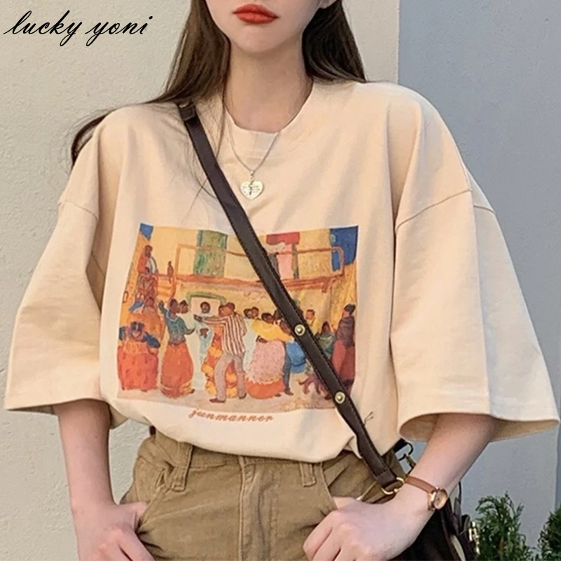 

Yoni Vintage Half Sleeve T Shirt Women Summer Korean O-neck Cotton Basic Tees Female Harajuku Trendy Loose Printed Tops