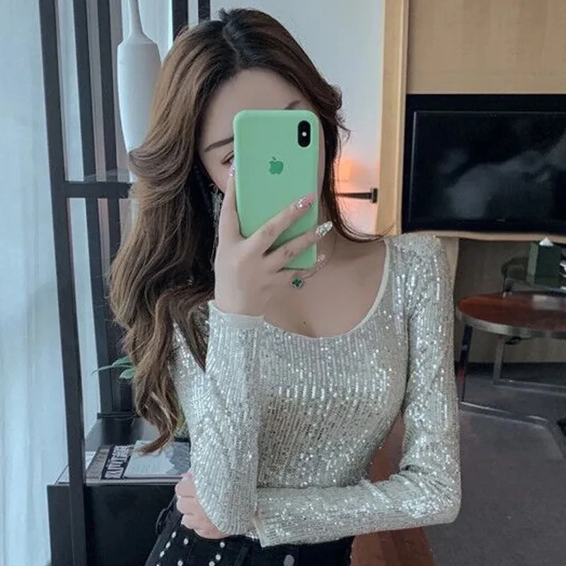 

New Sexy Clothes For Women Sparkling Sequin T Shirt Ropa Mujer Slim Fit Pullover O Neck Long-sleeved Tops Fashion Blusa Feminina