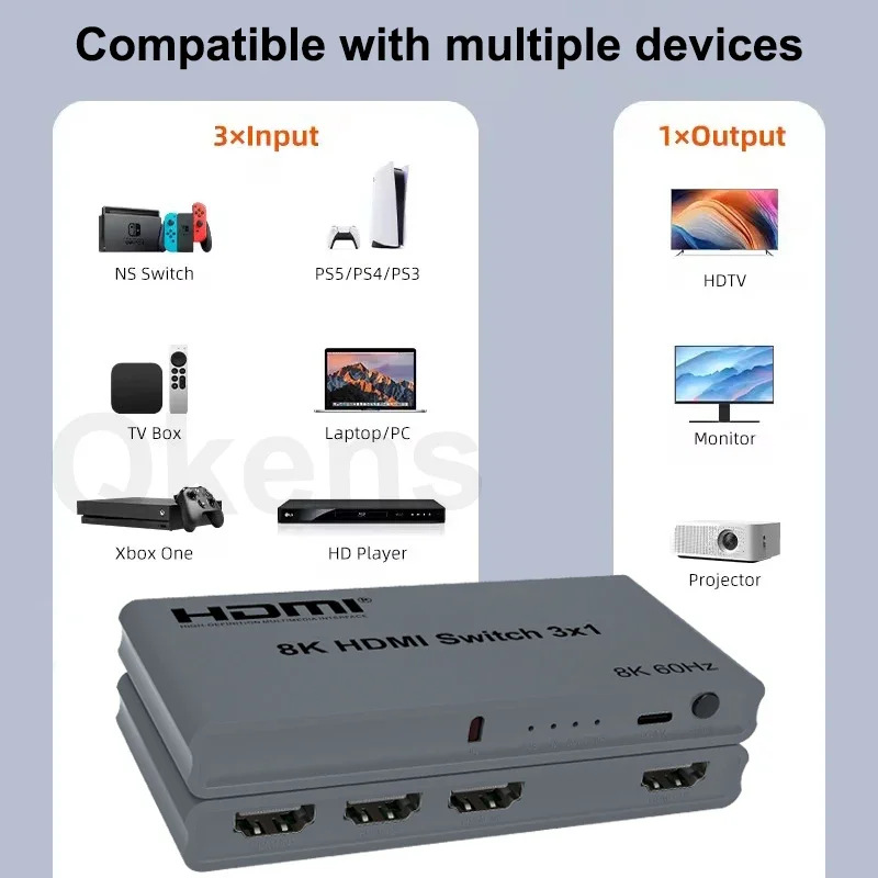 Фото HDMI-конвертер-переключатель 3-в-1 с функцией памяти при отключении питания, 8K 60 Гц, 3x1, автоматическое переключение, поддержка 4K 120 Гц, HDMI 2.1 №1