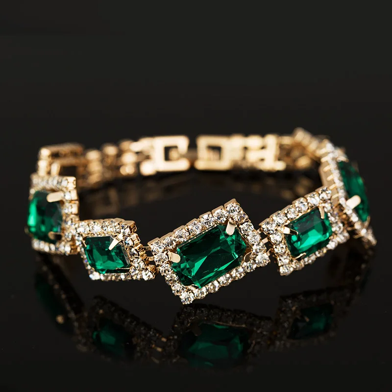 

Fashion Wedding Bracelets Jewelry Luxury Women's Green Crystal Stone Bracelet Charm For Ladies Link Chain Bangles
