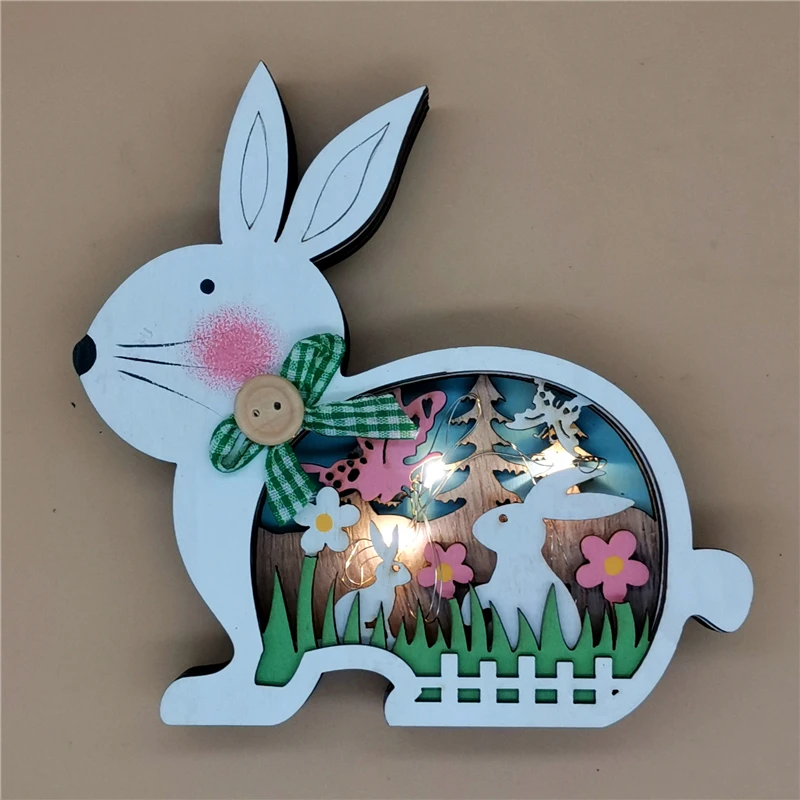 

2022 Happy Easter Decoration for Home Wooden Easter Rabbit Eggs LED Light Easter Bunny Ornament Decor Easter Party Favor Gift