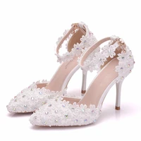 sandals woman lace wedding shoes bride high heels party ladies shoes women rhinestone pointed toe pumps size 42