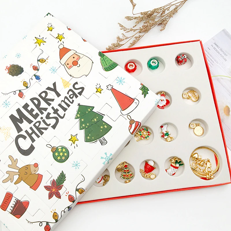 

24PCS Necklace Pendant Christmas Countdown Advent Calendar Blind Box Christmas Themed DIY Bracelet Christmas Surprise Gift Box