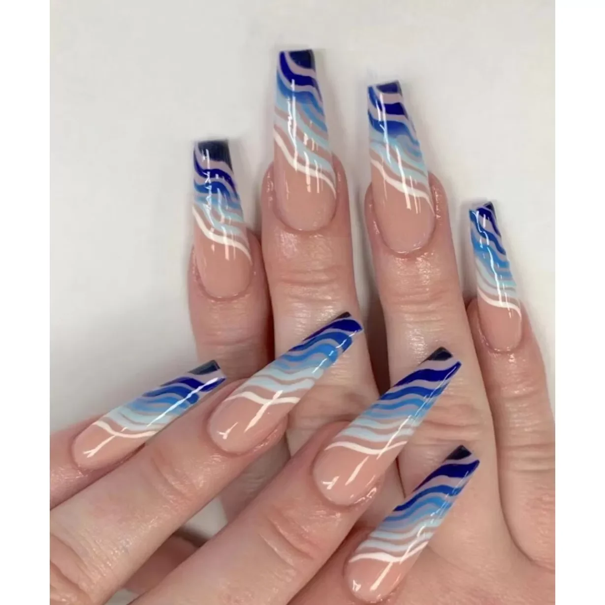 

Nails With Design waves Full Cover Acrylic Press On False Nails Detachable Long Coffin Ballerina Nails Finished Fingernail