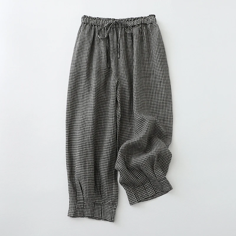 

Женские клетчатые брюки до щиколотки, повседневные свободные шаровары в художественном стиле с эластичным поясом, модель V617 на лето, 2023