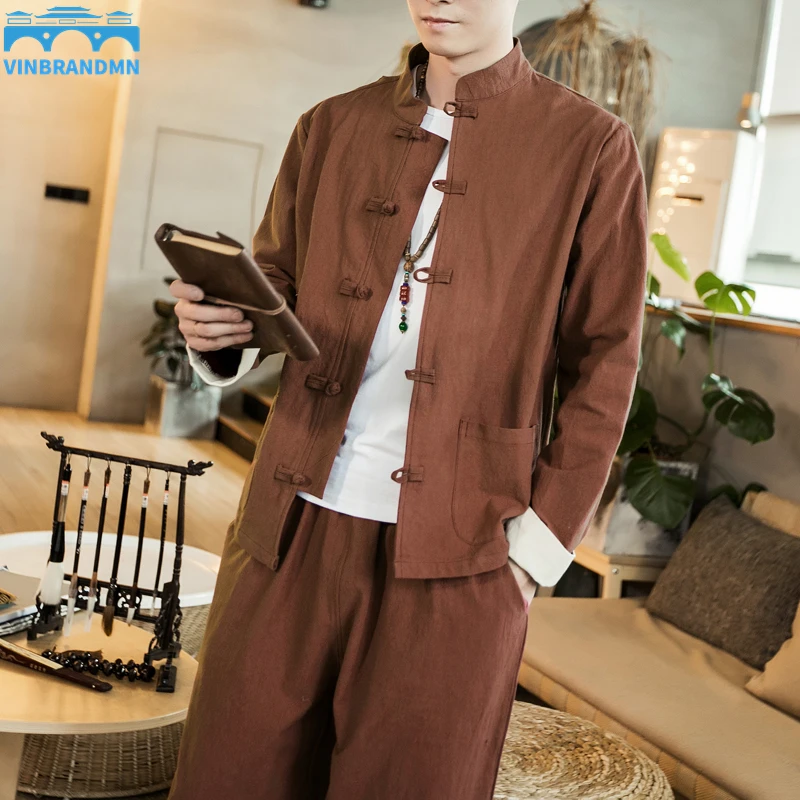 Chinese Style Autumn Winter Tang Suit Jacket Men's Suit Japanese Style Kimono Plus Size Hanfu Men's Top + Pants Two Piece Set