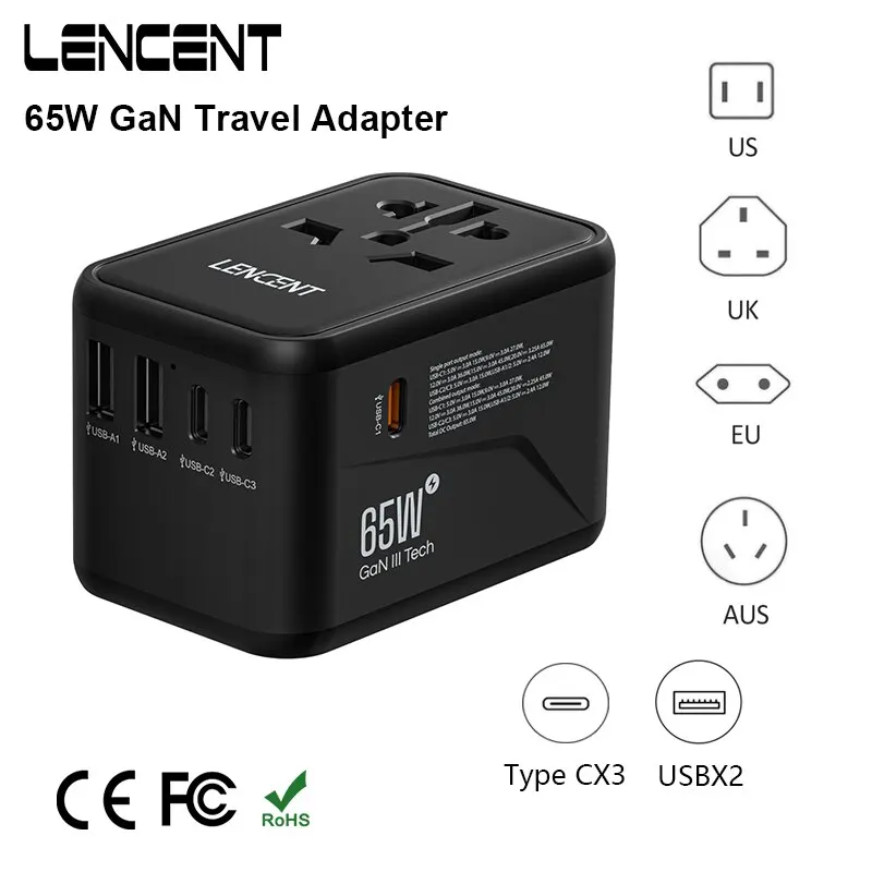 Международный дорожный адаптер LENCENT 65W GaN с адаптером для быстрой зарядки 2USB 3 Type C GaN с вилкой EU AU US UK для путешествий
