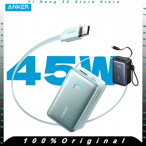 Anker 10000 мАч Power Bank PD 45 Вт Быстрая зарядка со встроенным выдвижным кабелем Instacord Портативная внешняя батарея для iPhone 17