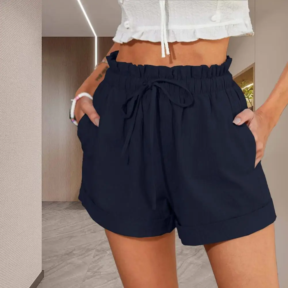 

Lady Shorts Elastic Waist Loose Fit Breathable Sweat Absorbing with Pockets Cool Solid Colour Summer Women Short Pants Female Cl