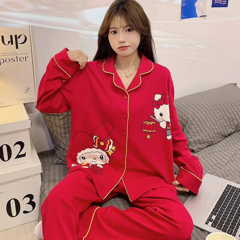Kawaii Sanrio Hello Kitty Cinamoroll My Melody хлопковые женские пижамы весенне-осенний свободный