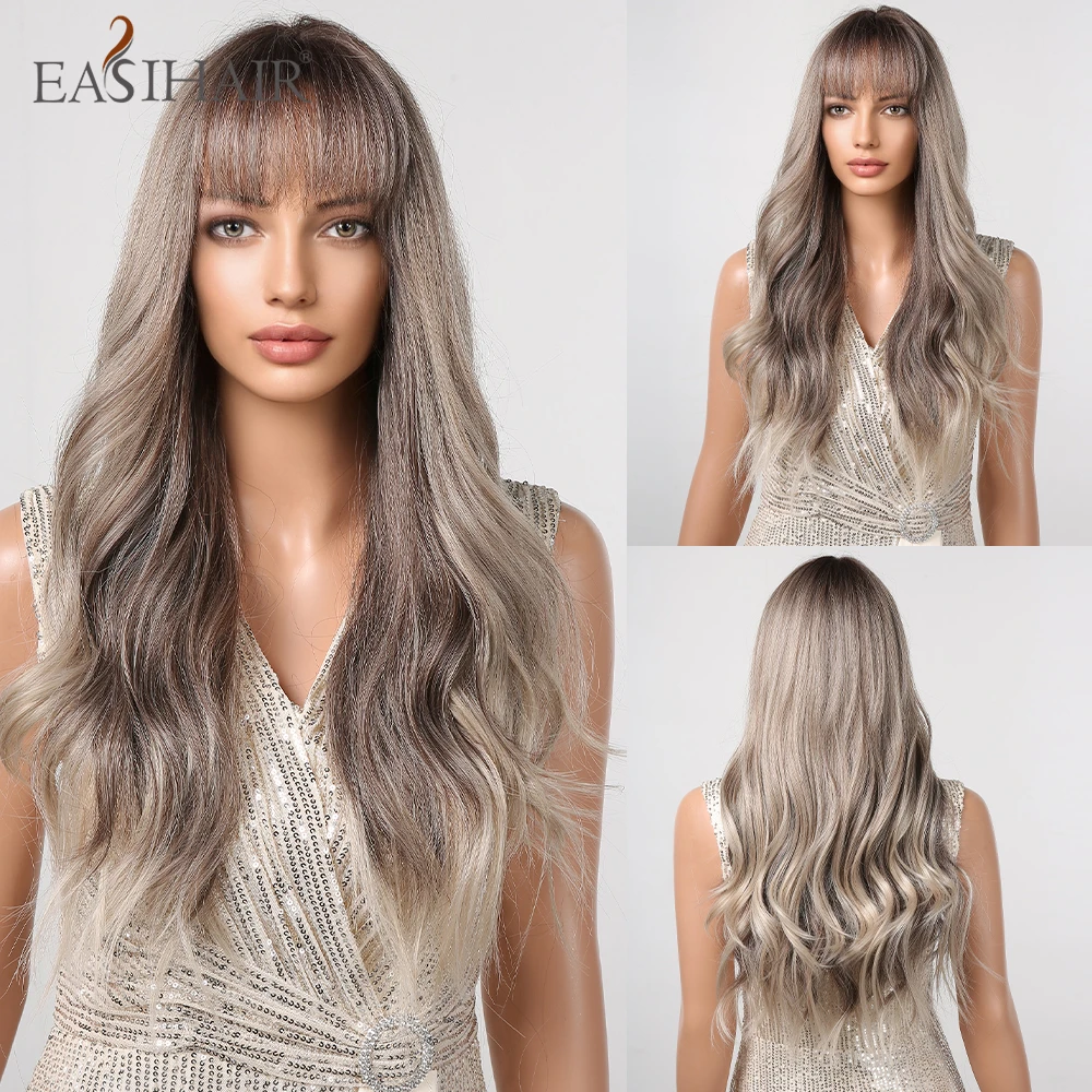 

EASIHAIR Long Wavy Brown Blonde Synthetic Wigs with Bangs Ombre Gray Ash Hair Wig for Women Daily Cosplay High Temperature Fiber