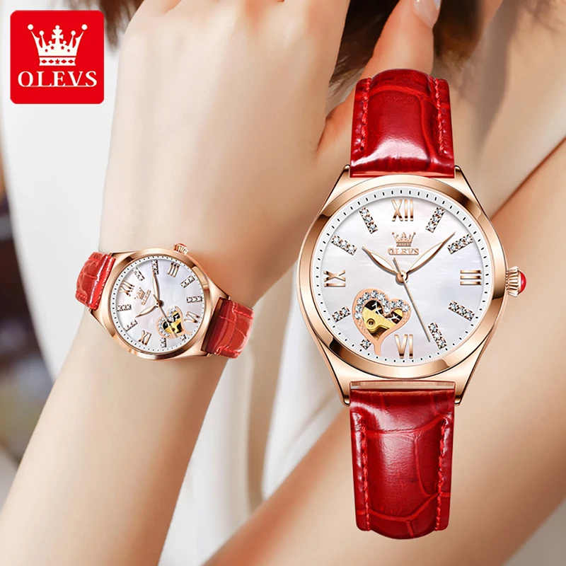 OLEVS Luxury Brand 2023 New Fashion Creative Automatic Mechanical Womens Watches Rose Gold Case Waterproof Leather Strap Reloj enlarge