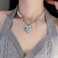 korean multi element cross heart necklace for women 925 silver temperament portrait irregular pearl kolye jewelry pendant