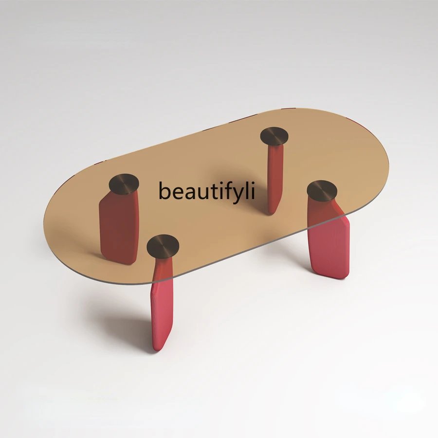 

yj Light Luxury Minimalist Color Tempered Glass Tea Table Solid Wood Pedestal Small Apartment Living Room Coffee Table Oval