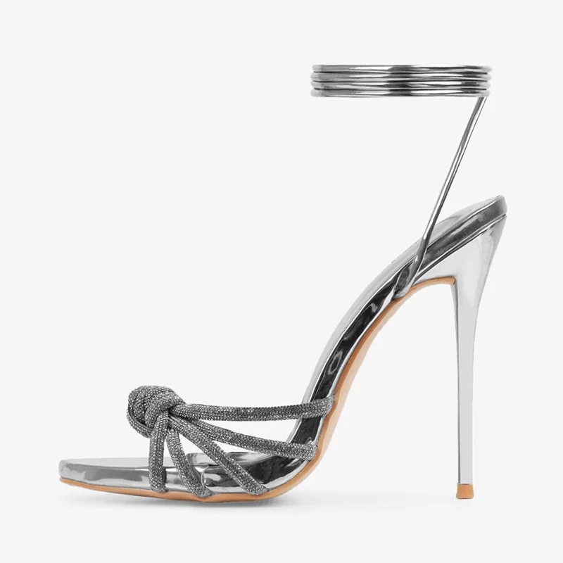 Aneikeh 2023 New Fashion Concise Square Open Toe Narrow Band Ankle Cross-Tied Thin High Heel Women Sandals  Sandals Silver Gold