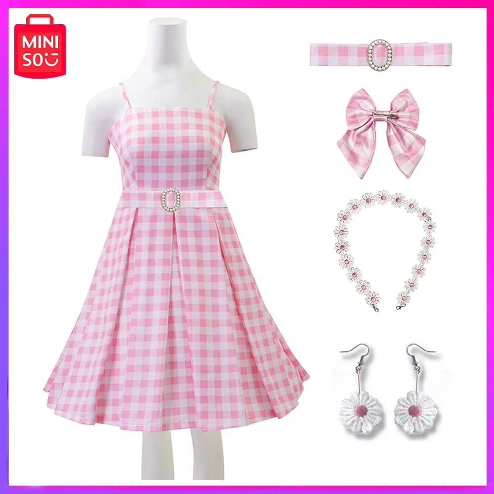 

Miniso 2023 New Barbie Kenny Set Cos Dress Kenny Beach Pink Dress Cosplay Dress Full Set Christmas Gift Loose Fashion for Women