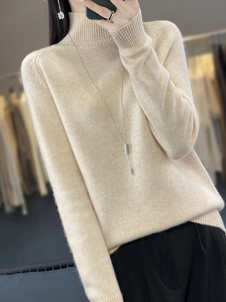 Fashion Basic Autumn Winter Merino Wool Sweater Mock Neck Cashmere Pullover Solid Color Soft Long Sleeve Clothing Tops