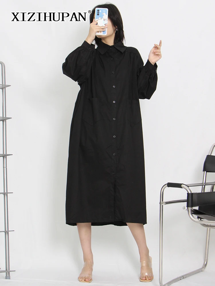 XIZIHUPAN Loose Oversized Casual Solid Shirt Dress For Women Lapel Long Sleeve Patchwork Pockets Dresses Female Fashion New 2022