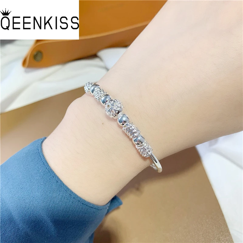 

QUEENKISS BT6173 Fine Jewelry Wholesale Fashion WomanGirl BestieMother Birthday Wedding Gift Lantern Plain Silver BraceletBangle