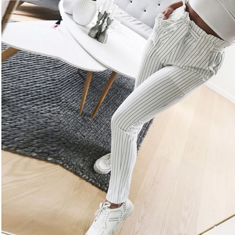 

Summer Bandage Trousers High Waist Harem Pants for Female Women Bow Tie Elastic Waist Striped Stylish Casual Pants 2021 Harajuku