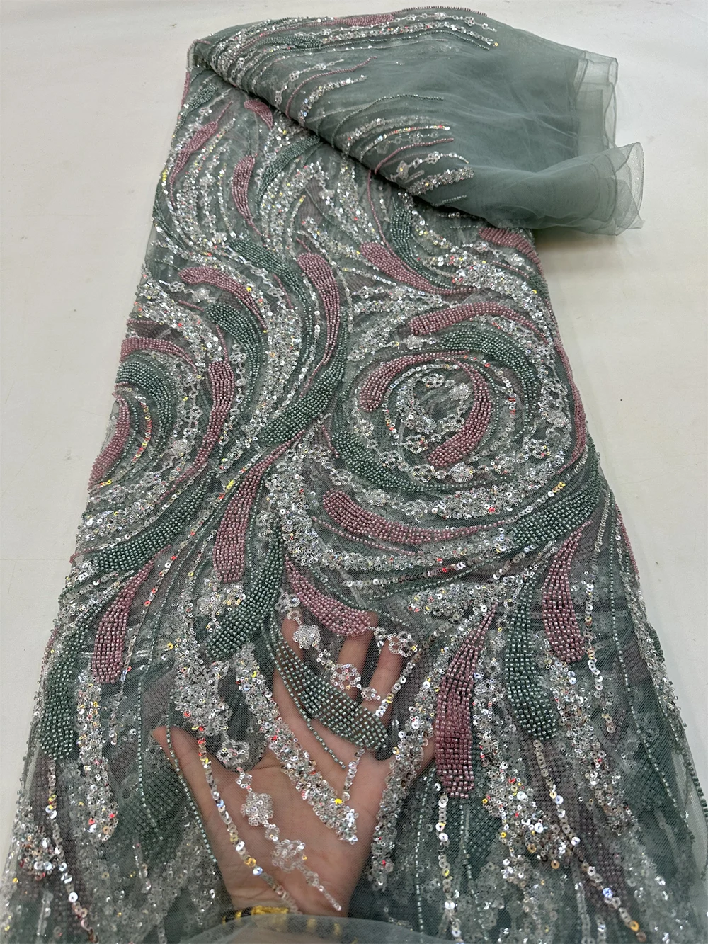 

African Handmade Lace Fabric 2023 High Quality With Beads Embroidered French Nigerian Sequins Net Mesh Lace Fabric For Wedding