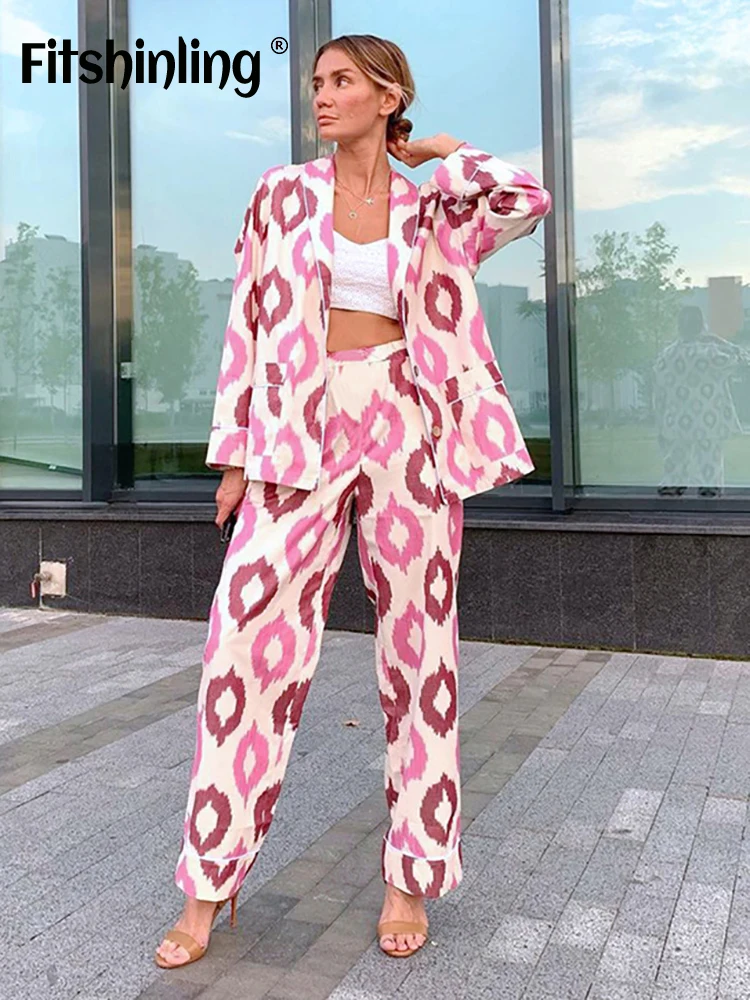 

Fitshinling Printing Women Loungewear Button Casual Set Woman 2 Pieces Summer Pink Soft Outfits Nightwear Women's Home Clothes