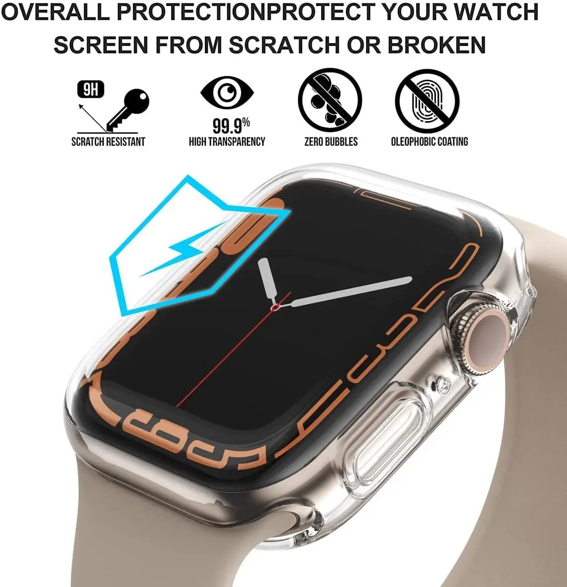 Clear Full Cover for Apple Watch Case 8 7 6 5 SE 45mm 41 44 42 40 mm Case for Iwatch Series 7 6 5 4 38mm Glass Screen Protector
