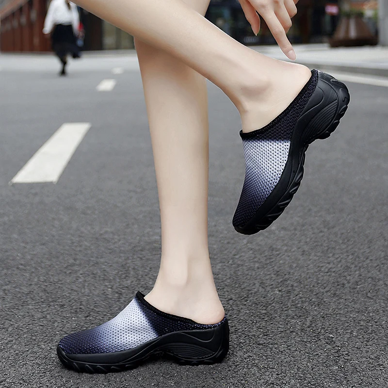Women Slip-on Walking Shoes Mesh Upper Breathable Casual Slippers Bathroom Swimming Sandals Thick Bottom Away From The Ground