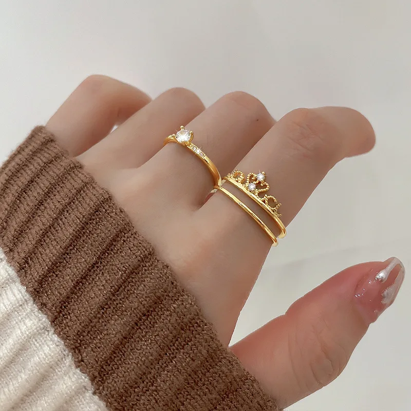 

PANJBJ 925 Sterling Silver Zircon Inlaid Crown Two-in-One Set Ring Gold Jewelry Women