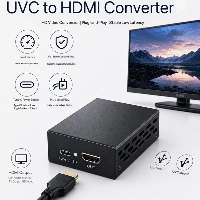 Фото Конвертер видео 1080P UVC USB в HDMI для Pocket 3, 4 Pro, 4P, Insta360 для подключения к телевизору, монитору, для прямых трансляций и использования в качестве станции-гидра №1