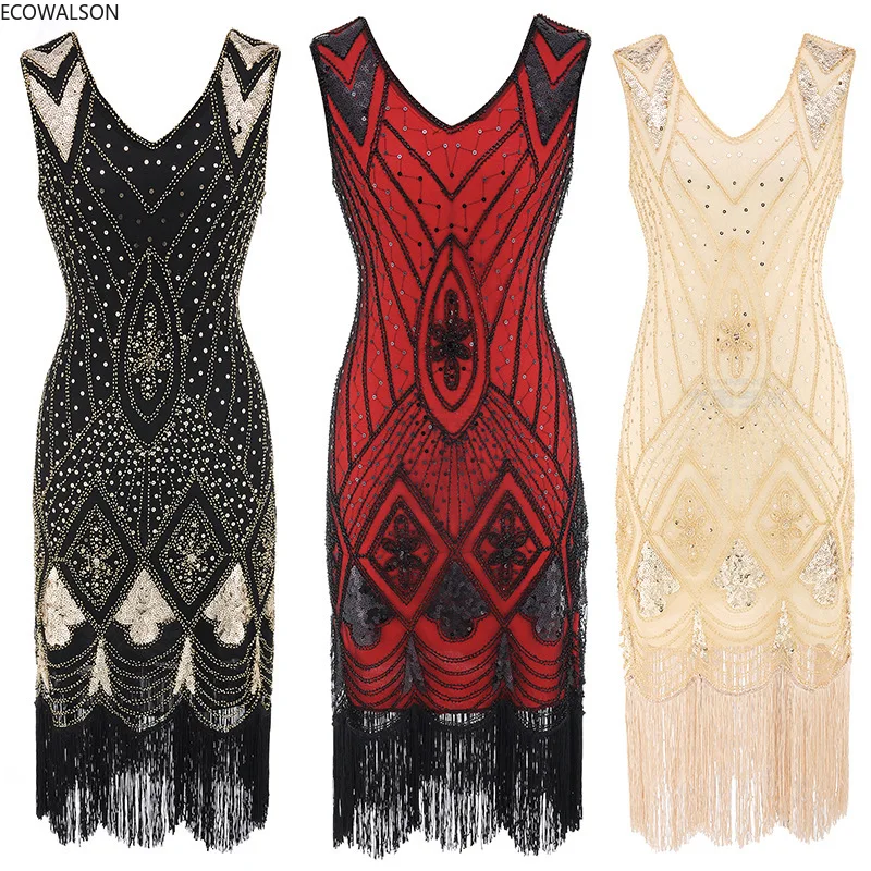 

4 Color Women Great Gatsby V-neck Sleeveless Fashion Fringe Party Dress 1920s Dress Sequin Beaded Tassels Hem Flapper Dress 30