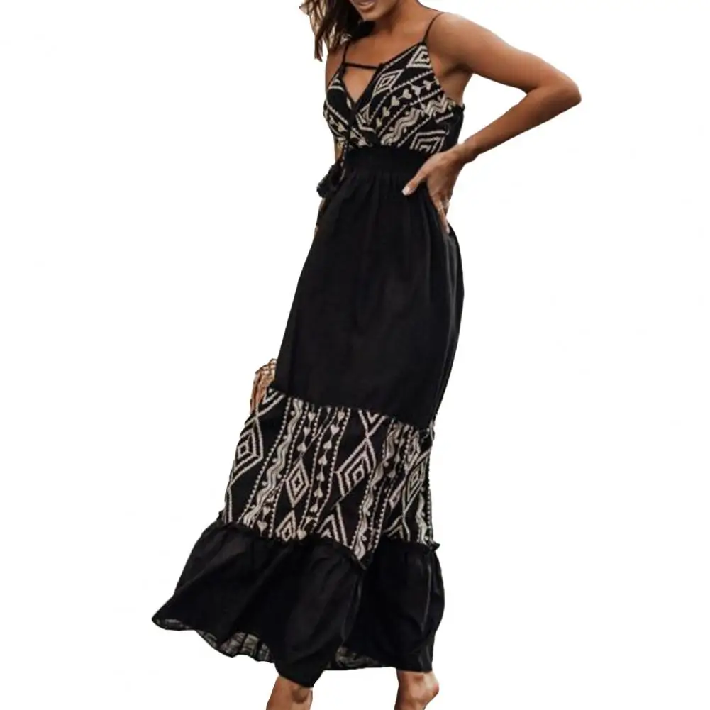

Summer Dress Women 2022 Deep V-Neck Elastic High-waisted Front Lace-up Large Hem Embroidery Floral Print Maxi Dress Suspender