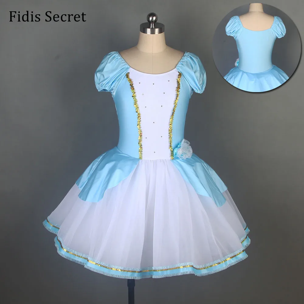 

Child Pale Blue Romantic Ballet Tutu Stage Wear w/White Tulle Skirt,Girls Ballerina Performance/Solo/Birthday Dance Costumes