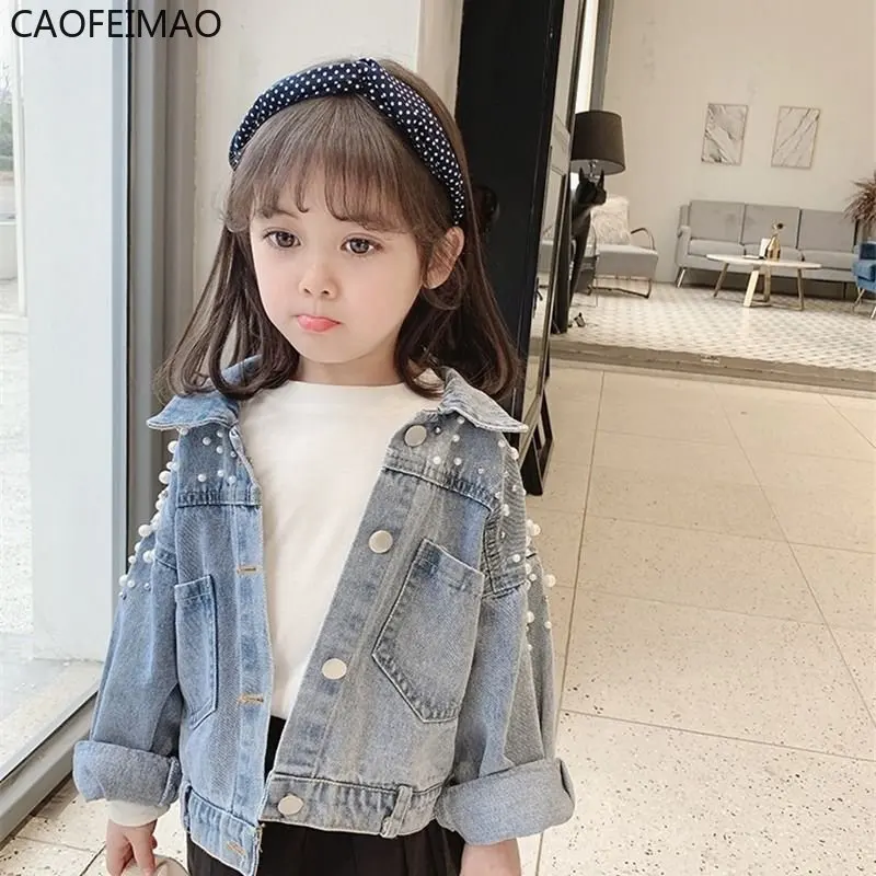 

2023 Pearls Beading Denim Jacket for Girls Fashion Coats Children Clothing Autumn Baby Girls Clothes Outerwear Jean Jackets Coat