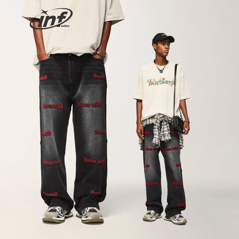 

Alt Basics Men Letter Embroidered Hip Hop Denim Pants Unisex Baggy Trousers Vintage Washed Wide Leg Jeans
