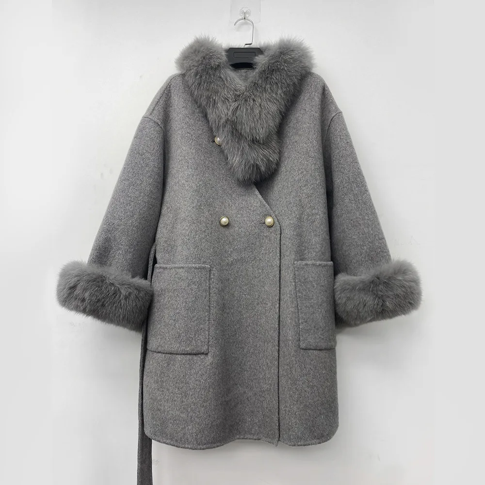 

2022 Autumn Winter New Women Loose Belt Cashmere Coat With Natural Fox Fur Scarf Female Real Wool Fur Midi Jacket