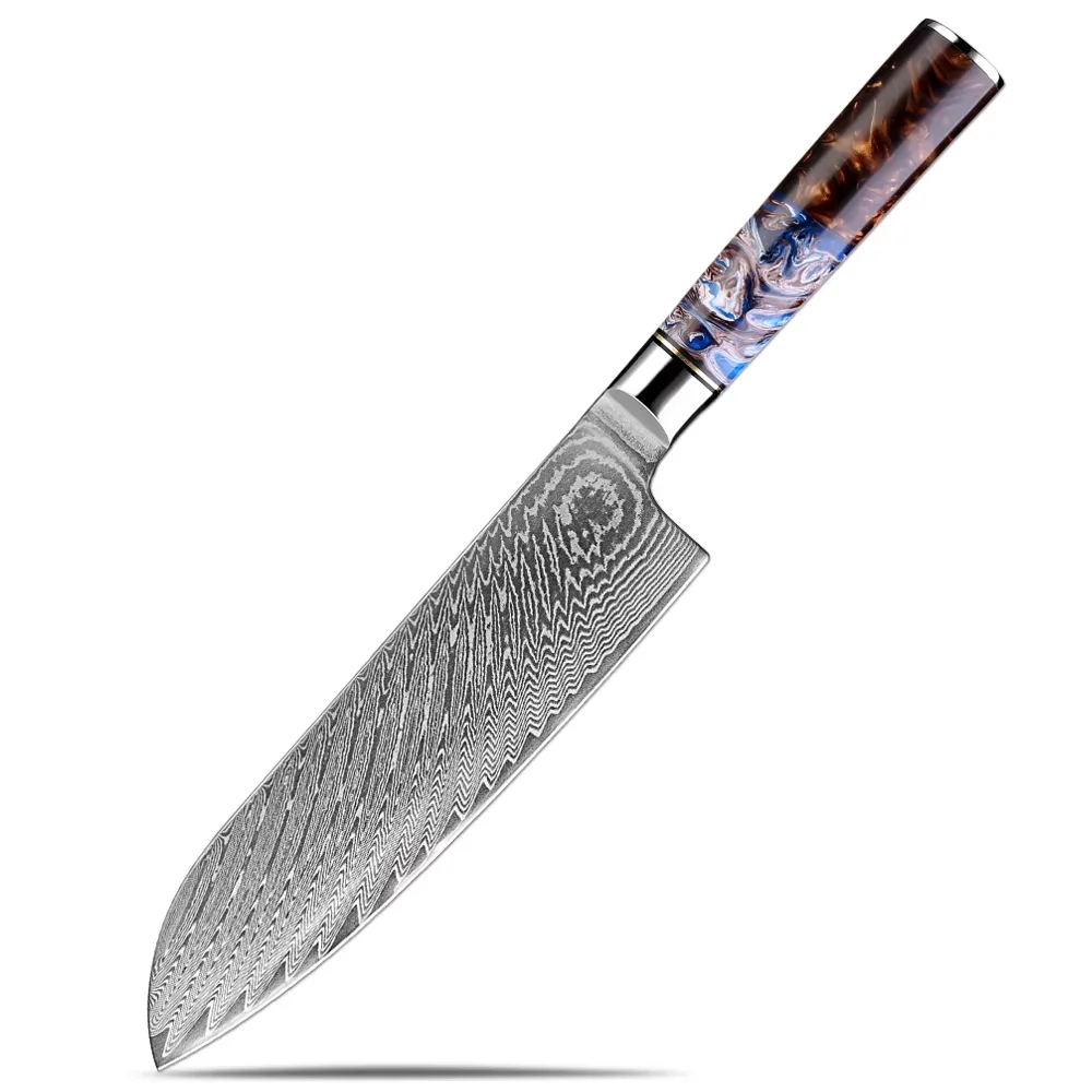 Японский дамасская сталь 7-дюймовый нож Santoku Острый кухонный для нарезки Sea Blue